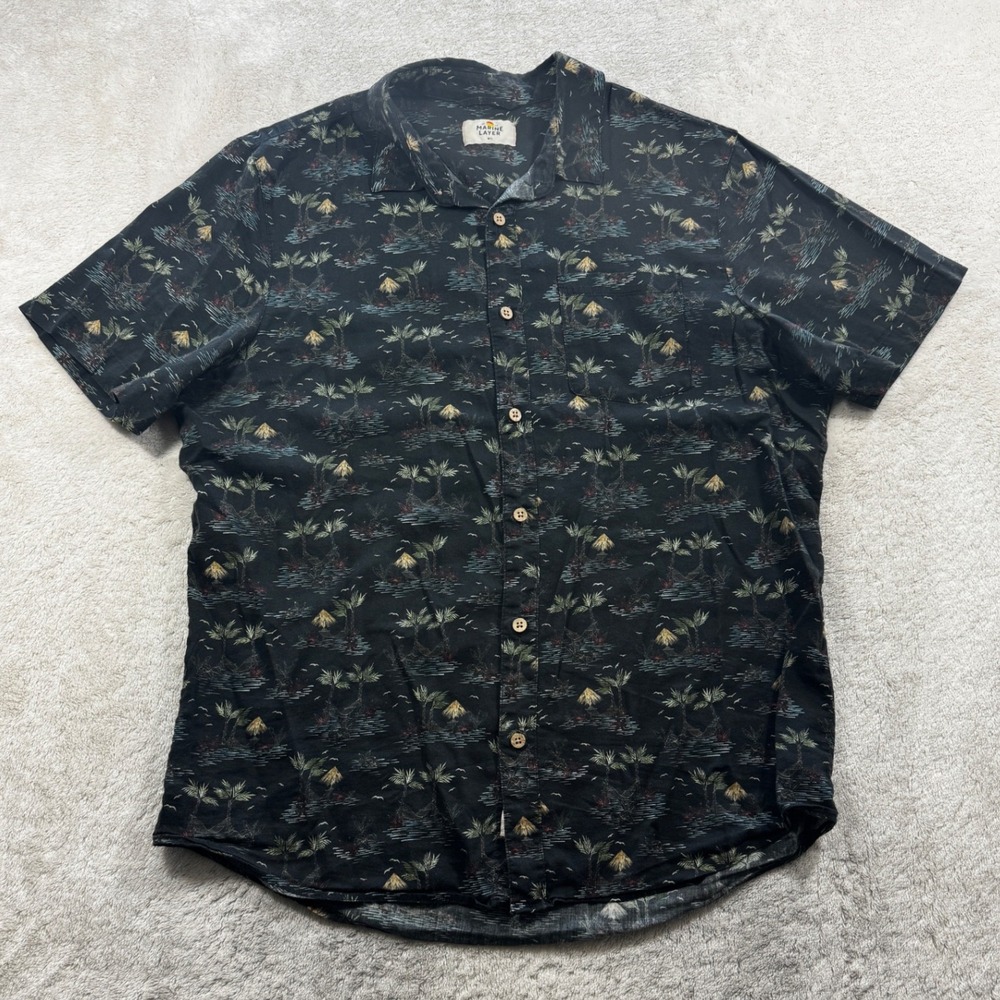 Marine Layer Mens Tropical Palm Tree Print Black Button Down Shirt‎ M/L